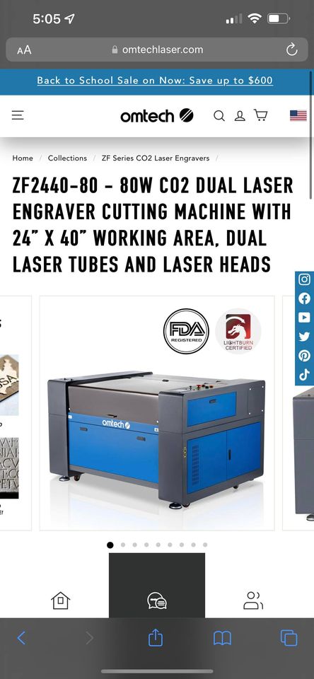 OMTech ZF2440-80 80W CO2 Dual Laser Engraver Cutting Machine